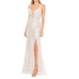 NEW Mac Duggal Glitter Floral Applique Column Evening Gown Ivory Size 12 Wedding